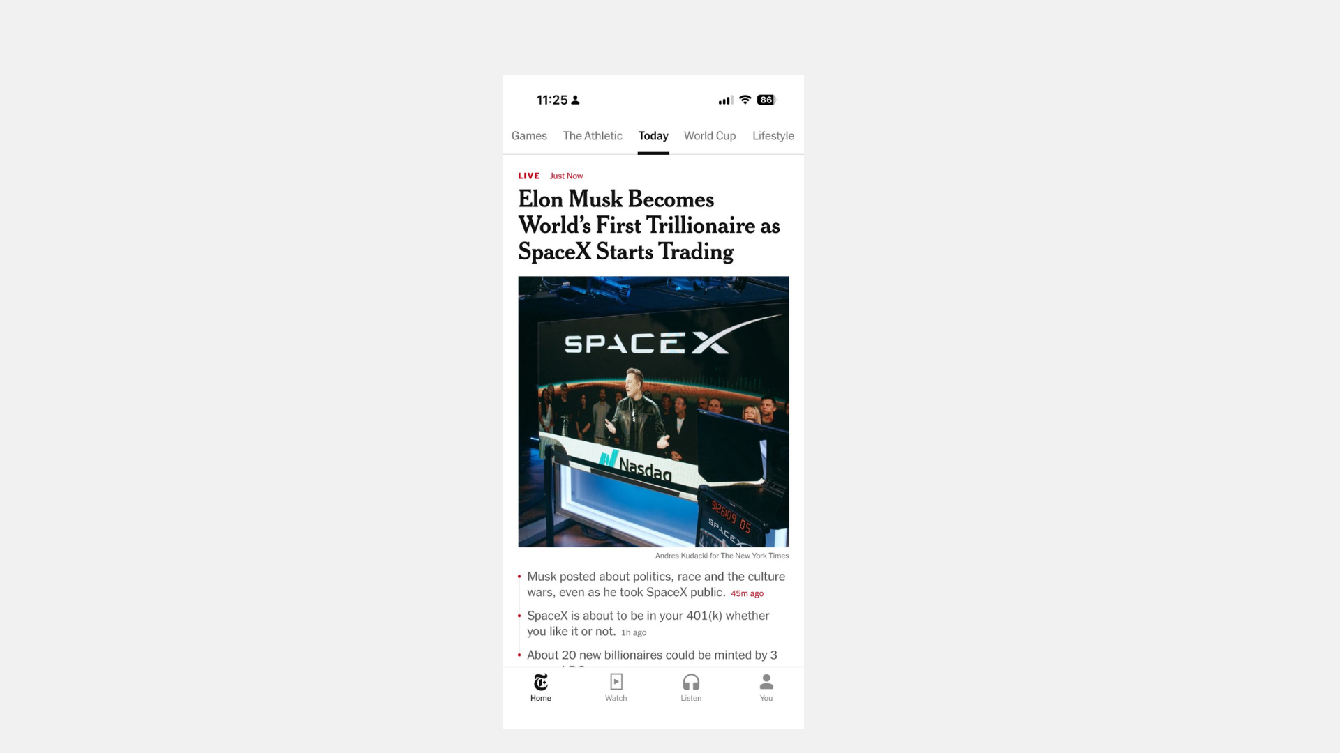 Screenshot of a New York Times app showing the breaking news headline: "Elon Musk Becomes World's First Trillionaire as SpaceX Starts Trading